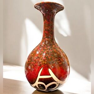 Vintage Red Rust Speckled Earthtone And Unglazed Abstract Design Ceramic Vase